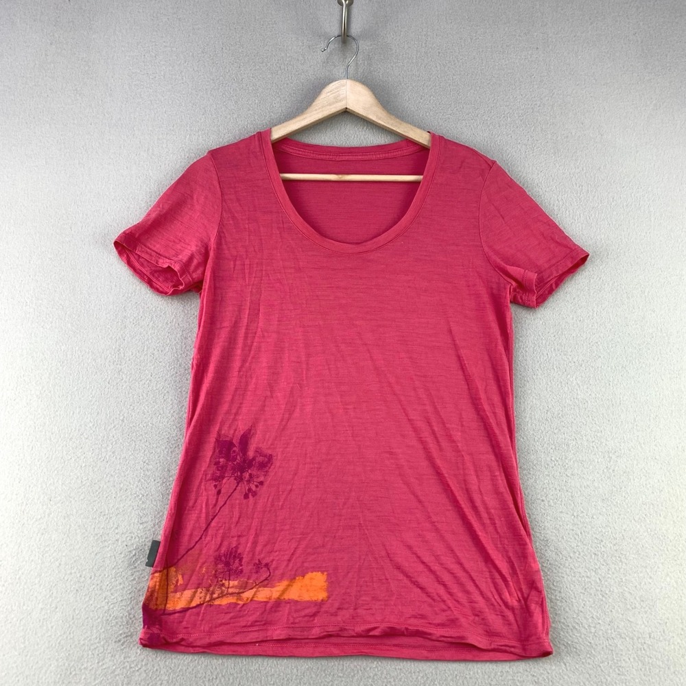 Icebreaker Tech Lite T-Shirt Women S Pink Floral Merino Wool Short Sleeve Top